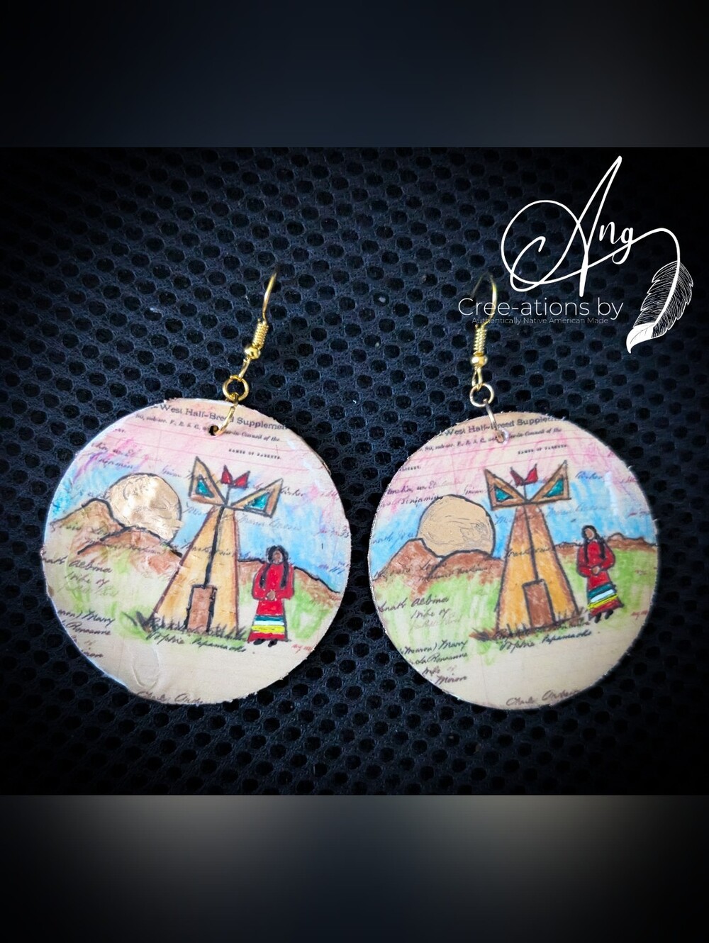 Authentic Hand-Painted Teepee Scene Metis Ledger Paper Indigenous Earrings